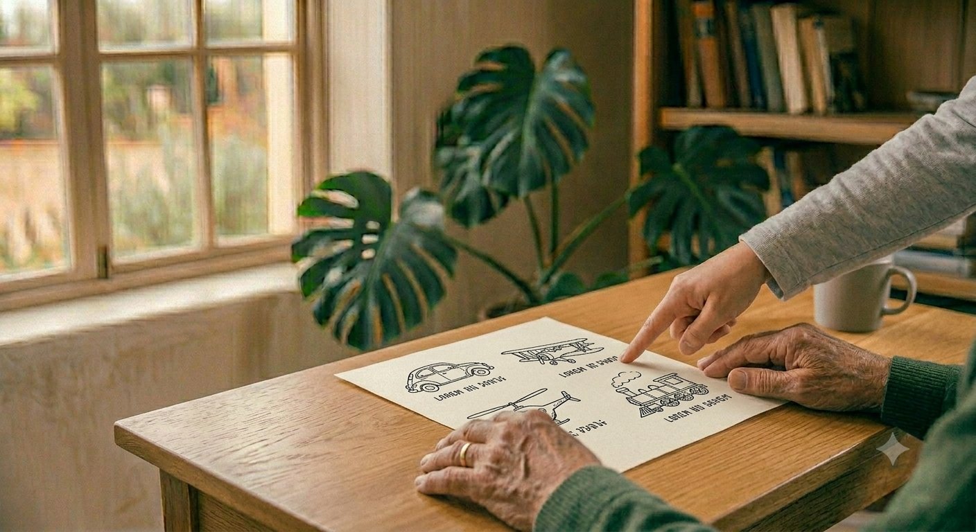 Manos señalando lámina de evaluación, sesión de logopedia afasia Madrid