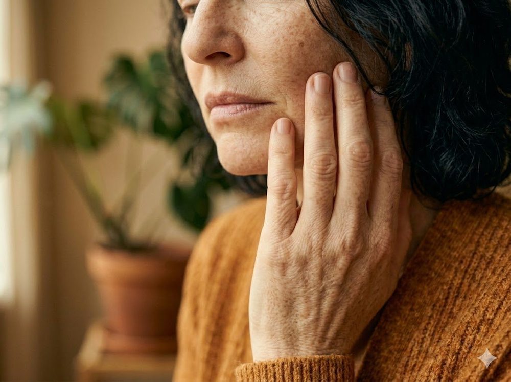 Perfil de persona mayor en interior domiciliario cálido, parálisis facial logopedia