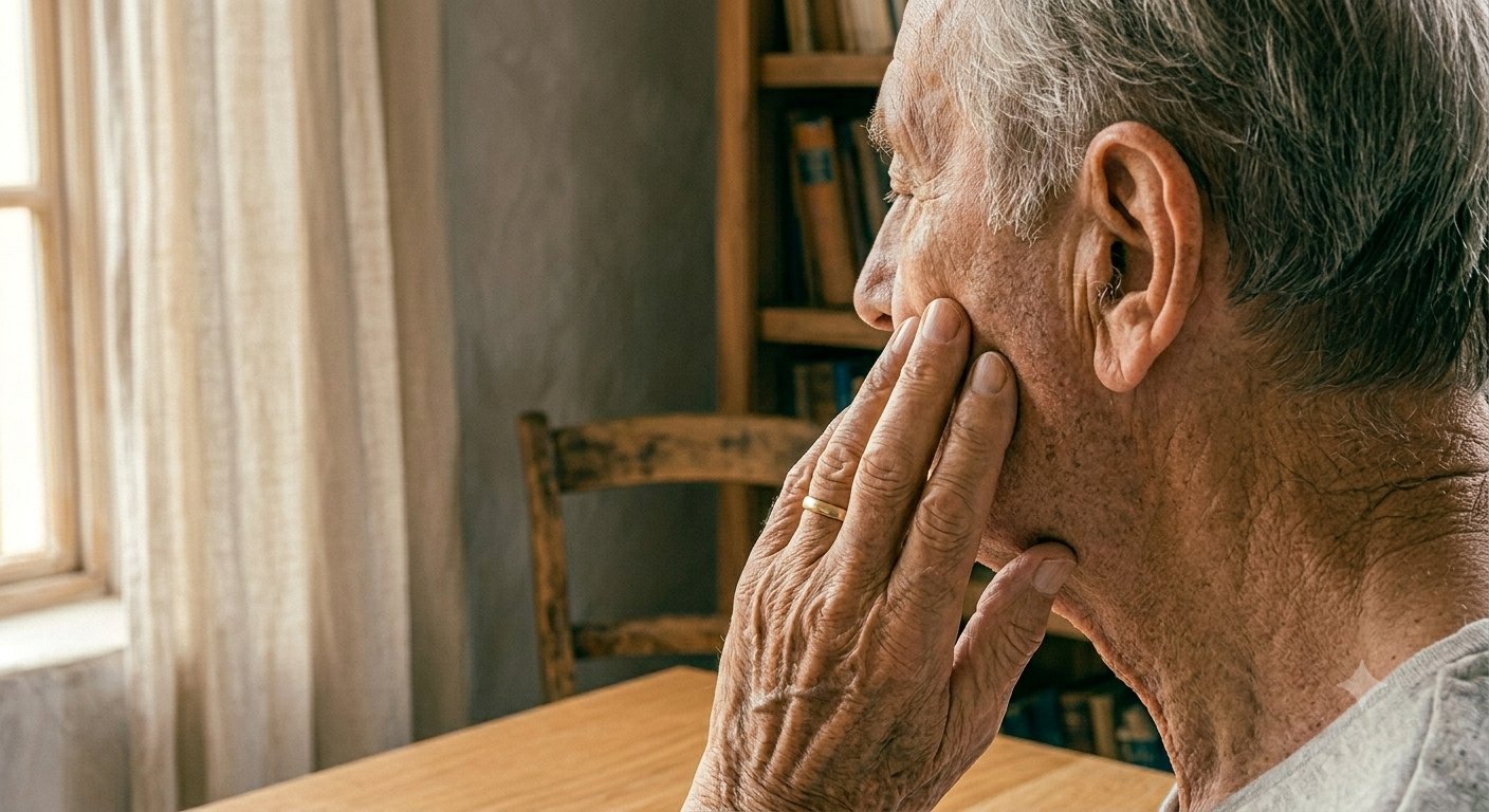 Persona mayor con mano en mejilla, conciencia sensorial parálisis facial Madrid